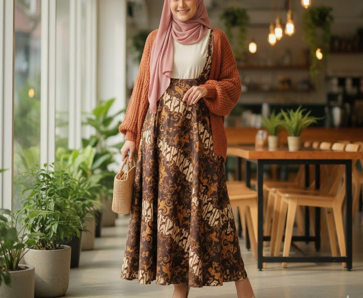 Ilustrasi gamis batik dengan cardigan rajut