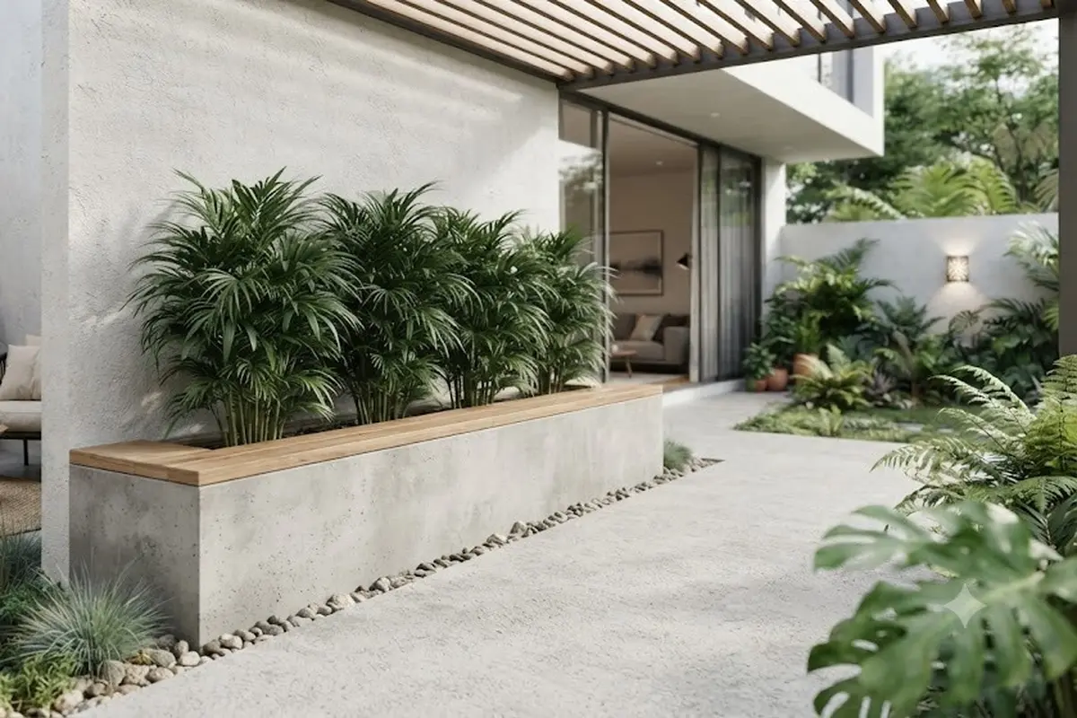 Inspirasi Planter Box Permanen untuk Palem Mini di Teras Minimalis (AI Generated)