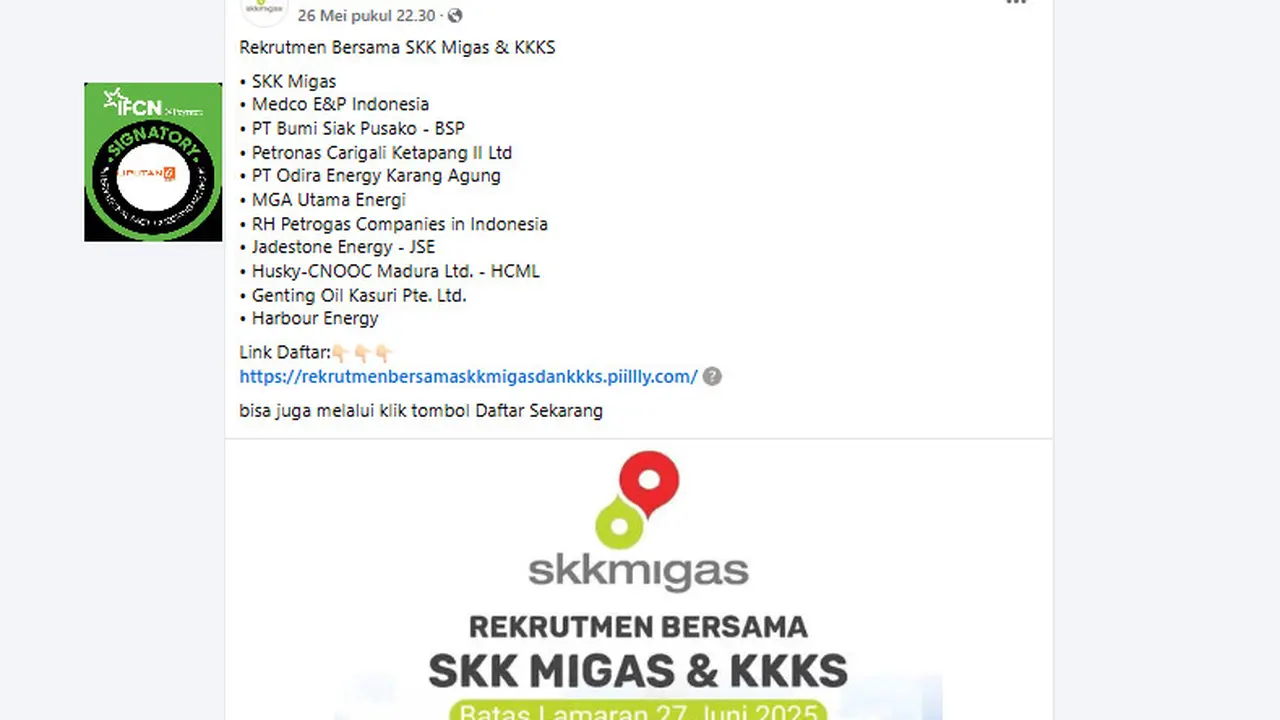 Tangkapan layar klaim  link pendaftaran rekrutmen bersama SKK Migas dan KKKS 2025