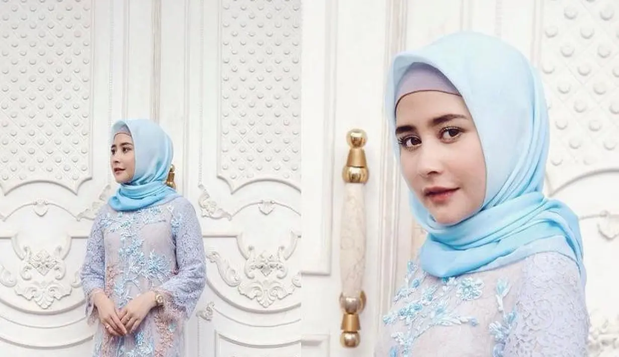 Gamis brokat kombinasi warna pink dan biru muda buat tampilan anggun dan feminin. Padukan dengan high heels dan hijab segi empat. (Instagram/prillylatuconsina96).