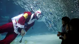 Pengunjung melihat aksi seorang penyelam memberi makan sekumpulan ikan sarden saat melakukan aksi promosi untuk perayaan Natal, "Sardines Feeding Show with Santa Claus" di Aquarium Coex di Seoul, Korea Selatan, (17/12). (REUTERS/Kim Hong-Ji)