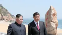 Presiden China Xi Jinping dan Pemimpin Korea Utara Kim Jong-un berjalan sambil berbincang di pantai Dalian, Selasa (8/5). kunjungan kedua Kim ke China terjadi sebelum pertemuannya dengan Donald Trump. (Korean Central News Agency/Korea News Service via AP)