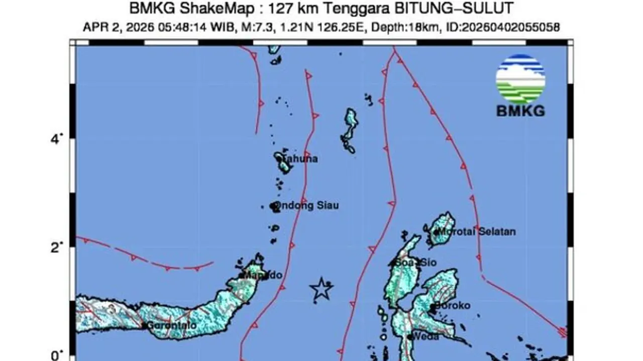 Gempa bumi magnitudo 7,3 terdeteksi di wilayah Kota Bitung, Sulawesi Utara, Kamis (2/4/2026) (Istimewa)