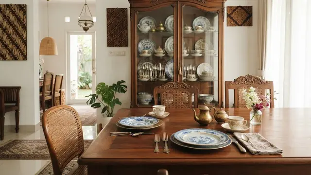 Ide dekorasi rumah menggunakan perabot antik model menata peralatan antik di ruang makan, yang bikin interior jadi terasa mewah dan elegan