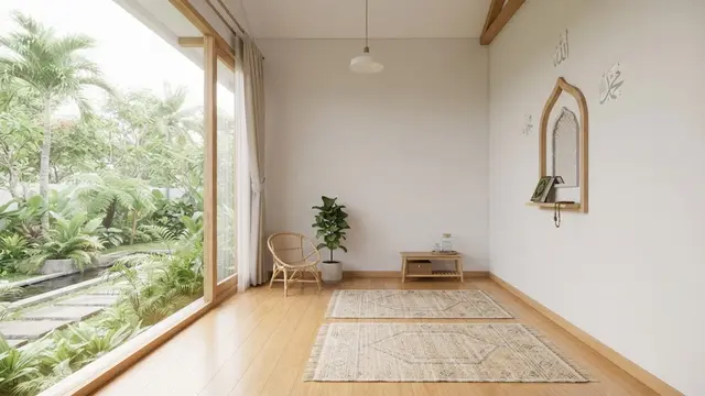 Desain mushola kecil dalam rumah yang sejuk meski tanpa kipas dan bikin ibadah keluarganya nyaman model dengan jendela besar
