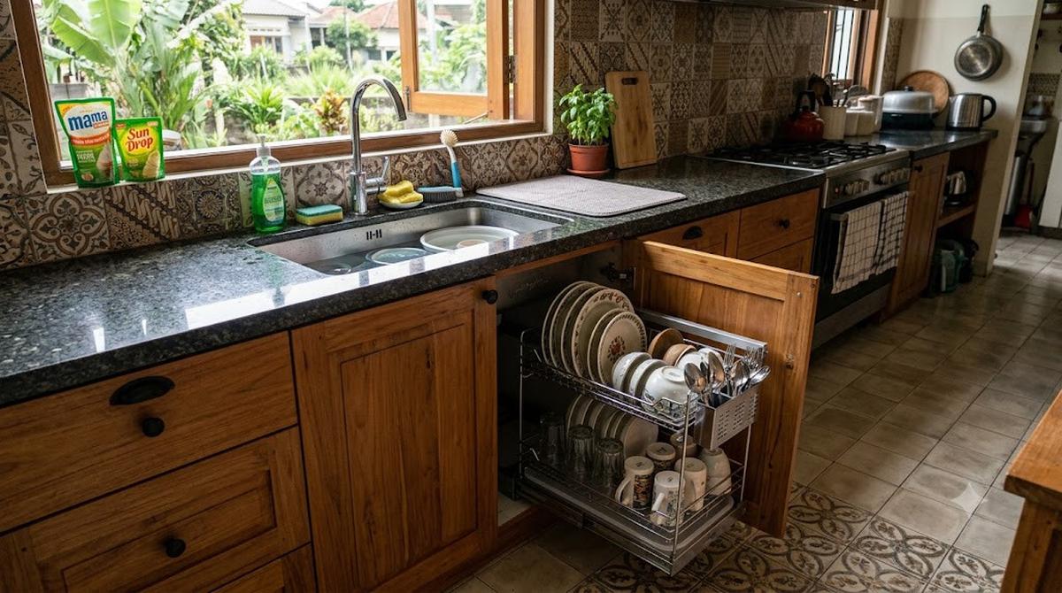 Ide Dapur dengan Rak Piring Tarik dan Tempat Bumbu Tersembunyi
