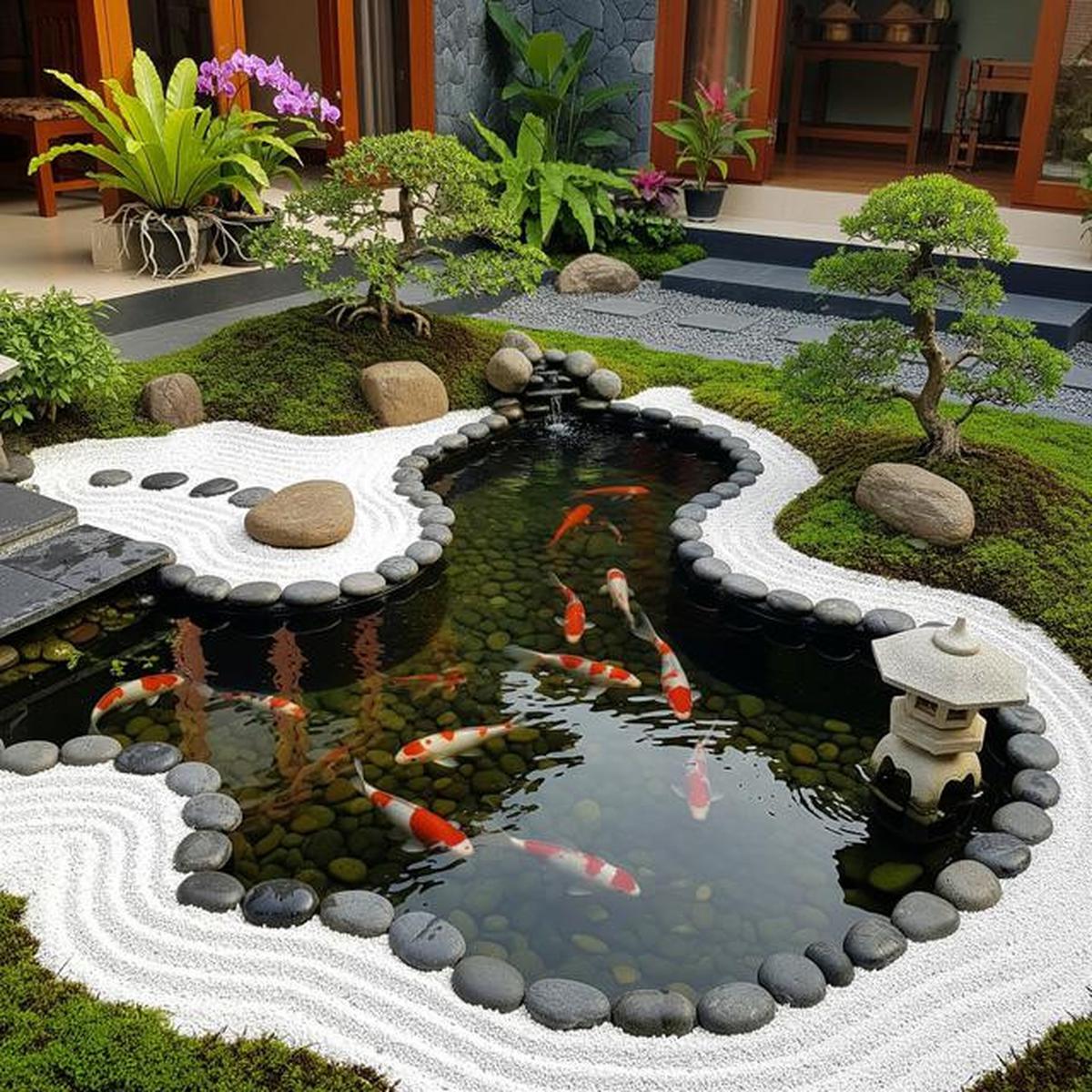 Kolam Ikan dengan Tanaman Air Minimalis