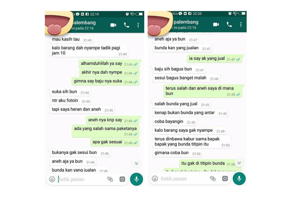 (Foto: Munirah Nhira Atsiqoh/Facbook) Awal percakapan penjual merasa kecewa karena bukan penjual yang mengirim barang ke rumahnya.