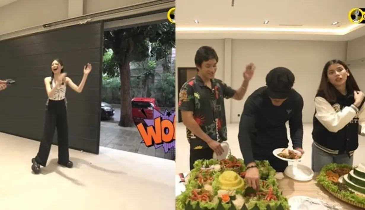 Garasi kantor baru Deddy Corbuzier terlihat luas dan megah. Pintunya juga menggunakan pintu otomatis. Saking luasnya, garasi kantor barunya itu digunakan sebagai aula tempat berkumpul. Termasuk saat syukuran peresmian kantor. Semua berkumpul untuk menikmati nasi tumpeng yang disediakan. (Liputan6.com/YouTube/Azka Corbuzier)