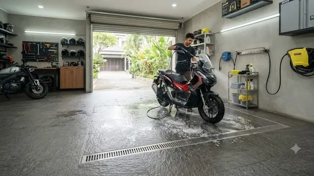 Area Cuci Motor di Samping Garasi