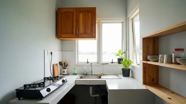 Inspirasi Dapur dengan Bak Cuci Piring Sudut yang Hemat Ruang dan Tidak Becek Model dengan Jendela di Atas Bak Cuci