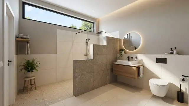 Desain Kamar Mandi dengan Jendela Atas dan Dinding Privasi Bertingkat