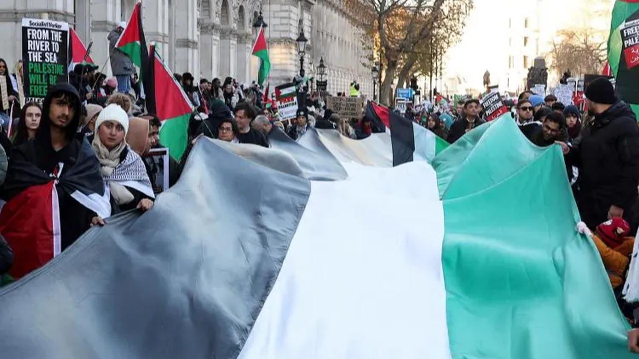 FOTO: Bentangkan Bendera Raksasa Palestina, Massa Demonstran di London Protes Tuntut Gencatan Senjata Abadi di Gaza