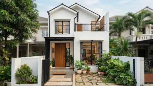Kombinasi Warna Cat Fasad Rumah Putih, Hitam, dan Aksen Kayu