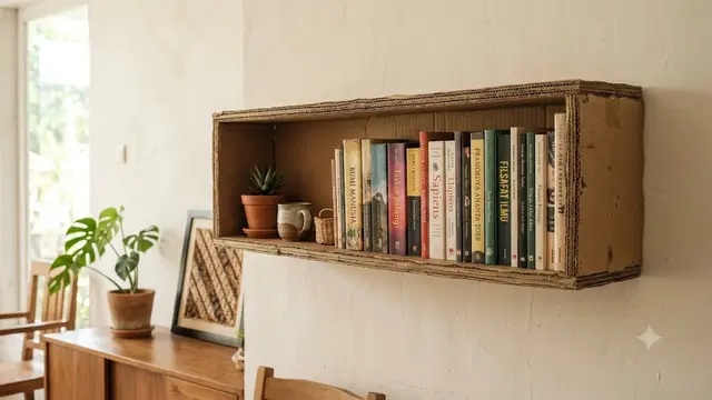 Ilustrasi Desain Rak Buku Melayang dari Kardus (floating Shelf)/AI Generated