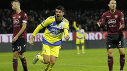 Alvaro Morata. Striker Spanyol berusia 29 tahun yang memasuki musim kedua memperkuat Juventus dengan status pinjaman dari Chelsea ini mampu mencetak 55 gol dan 37 assist. Pada akhir musim 2021/2022 ini kontraknya sebagai pemain pinjaman di Juventus akan berakhir. (AFP/Carlo Hermann)