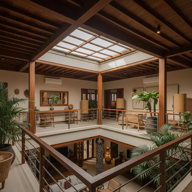 Model Rumah Mezzanine Atap Tinggi dengan Plafon Ekspos