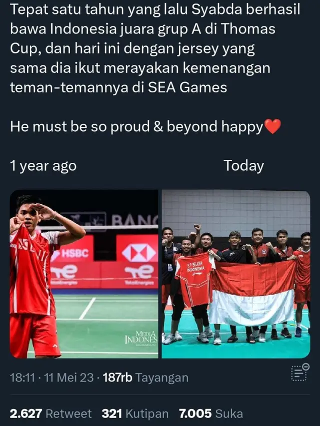 5 Momen Haru Emas untuk Syabda, Tim Bulutangkis Putra Indonesia Bawa Jersey Syabda Naik Podium5 Momen Haru Emas untuk Syabda, Tim Bulutangkis Putra Indonesia Bawa Jersey Syabda Naik Podium (Sumber: Instagram: phmentarii)