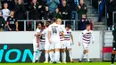Pemain FC Midtjylland merayakan gol ke gawang Lazio pada pertandingan sepak bola Grup F Liga Europa di MCH Arena, Herning, Denmark, 15 September 2022. Lazio kalah 1-5. (Bo Amstrup/Ritzau Scanpix via AP)
