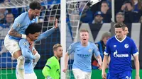 Gelandang Manchester City, Leroy Sane (kedua kiri) berselebrasi usai mencetak gol ke gawang Schalke 04 selama pertandingan 16 Liga Champions di Veltins Arena di Gelsenkirchen, Jerman (20/2). City menang tipis atas Schalke 3-2. (AP Photo/Martin Meissner)