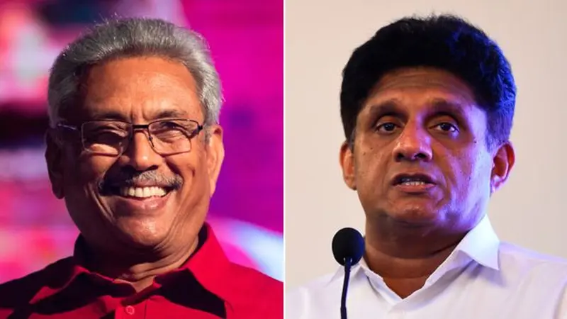 Dua kandidat utama dalam Pilpres Sri Lanka 2019, Gotabaya Rajapaksa (kiri) dan Sajith Premadasa. Rajapaksa mengklaim kemenangan setelah unggul pada hitungan sementara yang diperkirakan akan berakhir pada Minggu, 17 November 2019 waktu lokal (AFP Photo)
