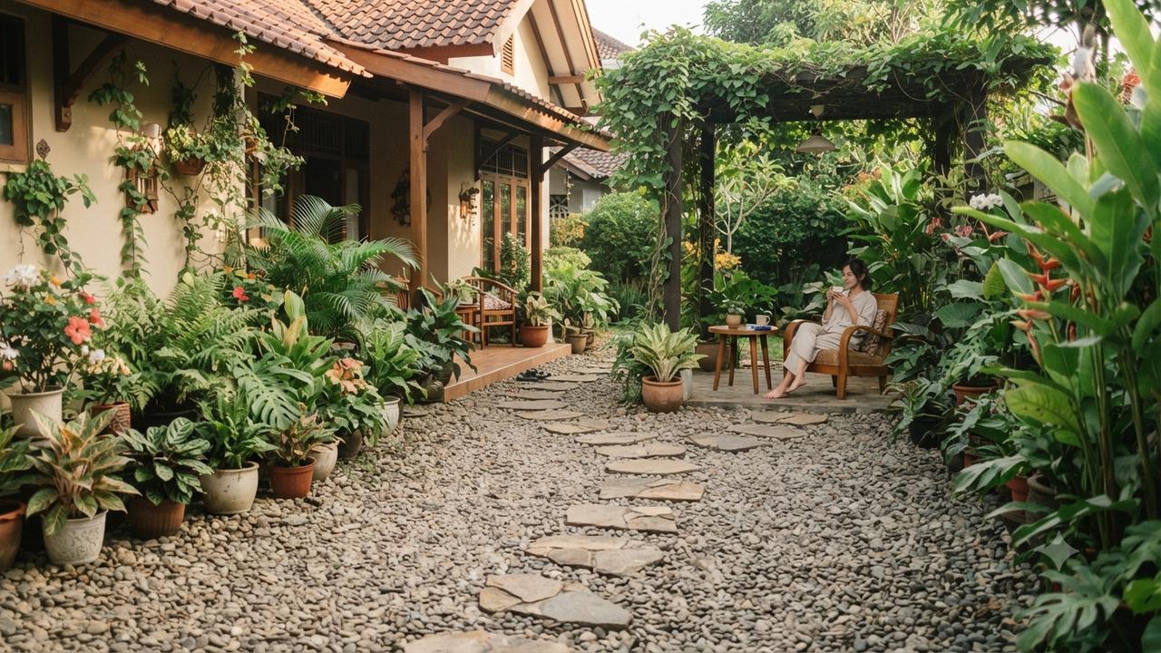 Ide taman yang tetap cantik meski tanpa rumput dan cocok untuk pemilik introvert model halaman berlapis kerikil dengan jalur jalan kaki