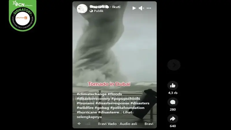 Gambar tangkapan layar video yang diklaim tornado di Dubai, Uni Emirat Arab. (sumber: Facebook)