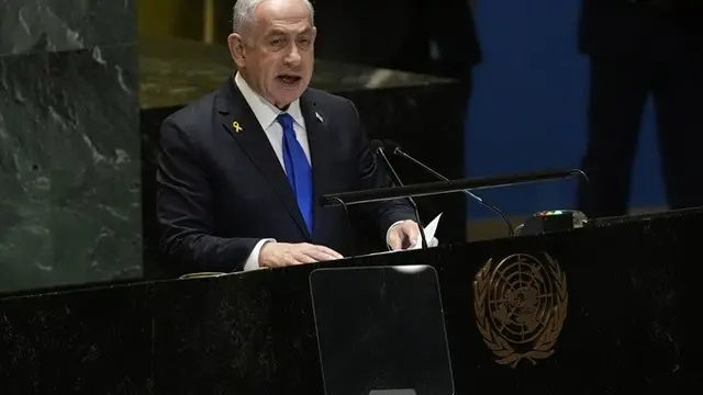 PM Israel Benjamin Netanyahu di mimbar Sidang ke-79 Majelis Umum PBB pada Jumat (27/9/2024).