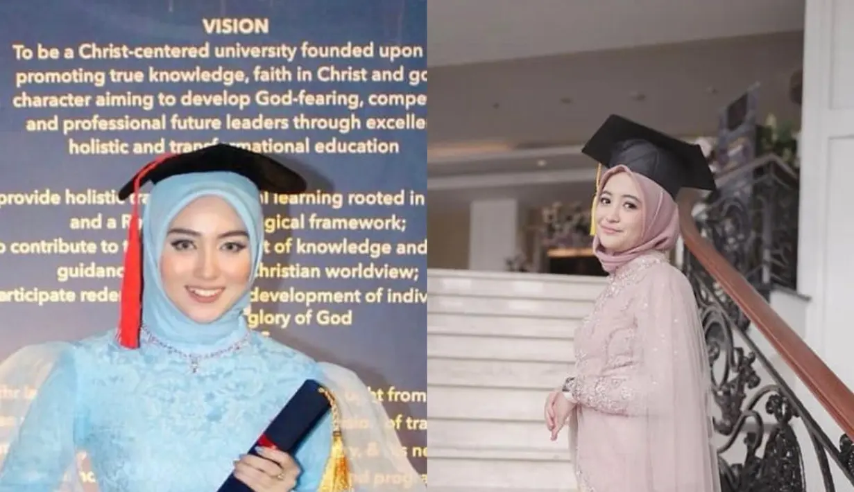 Tampilan Nabilah Ayu saat wisuda menjadi sarjana hukum ini bisa jadi inspirasi. Eks member JKT48 ini tampil mengenakan kebaya model peplum brokat warna biru muda, dipadukan dengan hijab segi empat warna senada dan kain batik coklat. (Instagram/nblh.ayu).