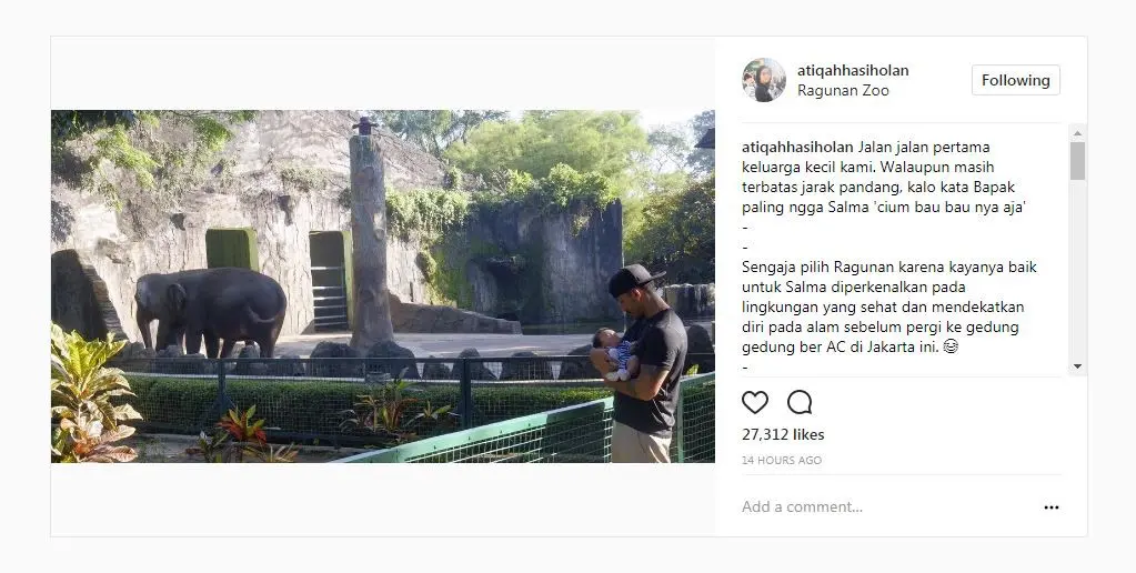 Atiqah Hasiholan dan Rio Dewanto bawa anak mereka, Salma, ke kebun binatang [foto: instagram.com/atiqahhasiholan]