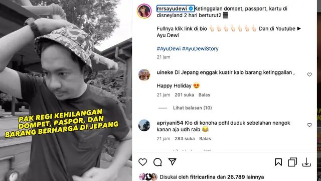 Ayu Dewi dan Regi Datau Nyaris Kehilangan Tas Berisi Dompet, Barang Berharga, hingga Paspor Saat Liburan di Jepang. (instagram.com/mrsayudewi)