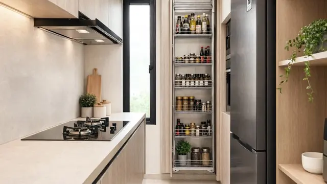 Desain Dapur Kecil dengan Banyak Penyimpanan agar Meja Tetap Rapi (AI Generated)
