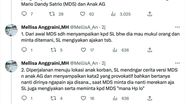 Utas pengacara David Ozora, Mellisa Anggraini, soal peran Shane Lukas dalam kasus penganiayaan terencana. (Foto: Dok. Twitter @MellisA_An)