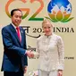 Presiden Joko Widodo (Jokowi) menggelar pertemuan bilateral dengan Perdana Menteri (PM) Italia Giorgia Meloni di Bharat Mandapam, IECC, Pragati Maidan, New Delhi, India, pada Minggu, 10 September 2023. (Dok. Biro Pers, Media, dan Informasi Sekretariat Presiden)