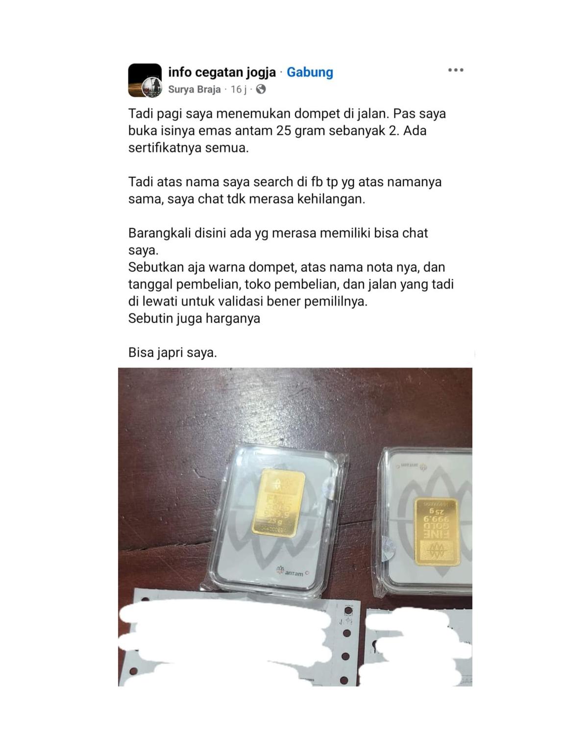 Temukan Emas 50 Gram di Jalan, Aksi Pemuda Jogja yang Mencari Pemilik hingga Share ke Medsos Ini Curi Perhatian