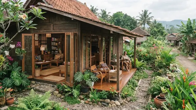 Desain rumah kampung dengan taman kecil di samping yang jadi definisi hunian slow living model kayu dengan taman samping memanjang