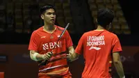 Ganda putra Indonesia Leo Rolly Carnando/Daniel Marthin lolos ke final setelah mengalahkan pasangan Chinese Taipei Lee Yang/Wang Chi-Lin 13-21, 21-8, dan 21-13 di&nbsp;Hong Kong Coliseum, Kowloon, Sabtu (16/9/2023). (foto: PBSI)