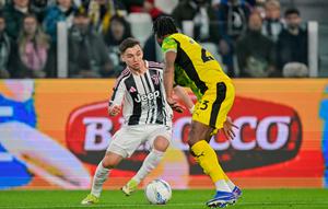 Aksi Francisco Conceicao dalam laga Juventus vs Sassuolo di Liga Italia 2025/2026, Minggu (22/3/2026). (Tano Pecoraro/LaPresse via AP)