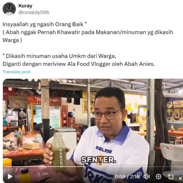 Anies Baswedan Langsung Minum Jus Pemberian Pelaku UMKM, Warganet Justru Waswas.  foto: X @ronaldy596