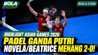 Novela Putria dan Beatrice Gumulya tampil dominan pada babak kedua padel ganda putri Asian Games Aichi-Nagoya 2026. Pasangan Indonesia mengalahkan S. Fardi/Z. Kahrizi dari Iran dengan skor 6-3, 6-1 untuk melaju ke babak berikutnya.