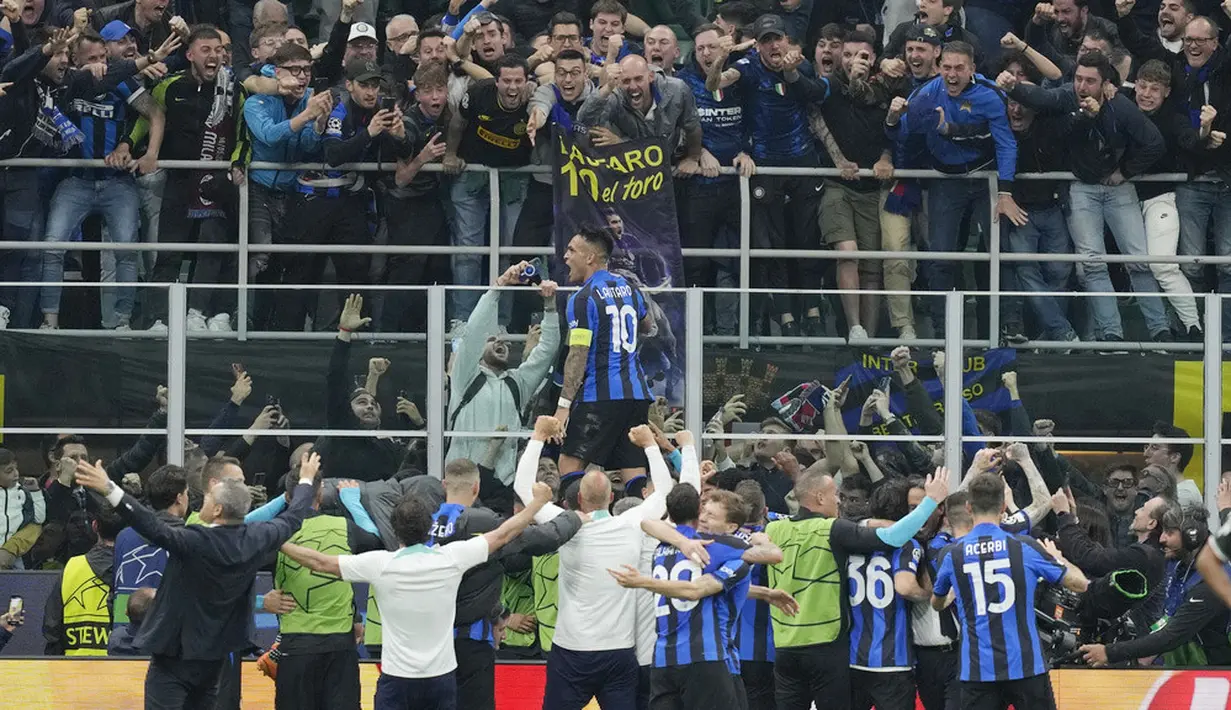 Inter Milan melangkah ke final Liga Champions 2022/2023 setelah menyingkirkan AC Milan dengan agregat 3-0. (AP Photo/Antonio Calanni)