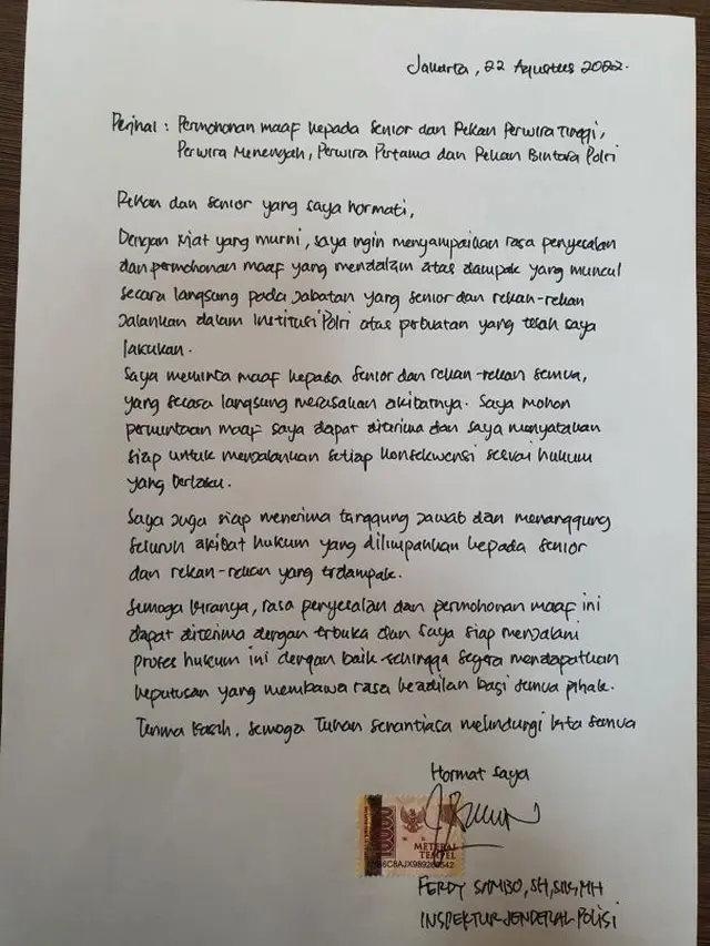 Surat permintaan maaf Ferdy Sambo