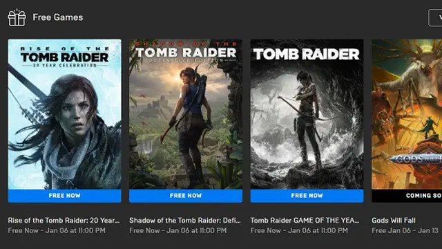 Tangkapan layar Epic Games untuk trilogi Tomb Raider yang tersedia secara gratis hingga 6 Januari 2022