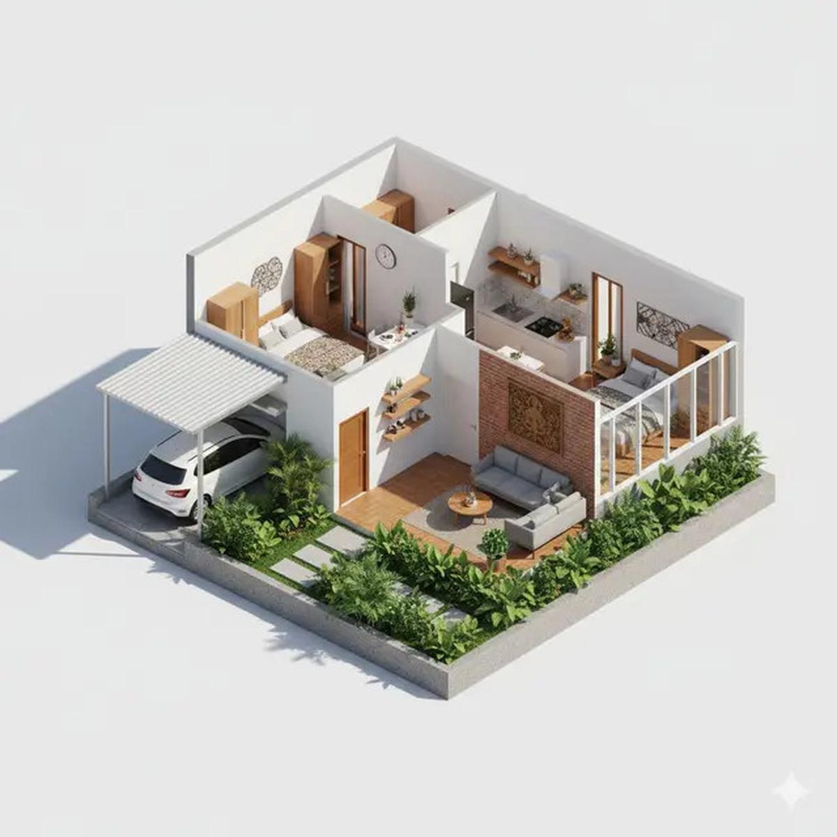 10 Denah Rumah Tipe 36 dengan Carport dan Taman Depan, Minimalis Modern