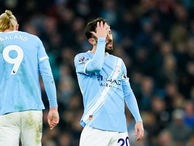 Pemain Manchester City, Bernardo Silva, tampak kecewa setelah gagal meraih kemenangan saat menjamu Nottingham Forest pada laga Liga Inggris di Etihad Stadium pada Kamis (5/3/2026). (AP Photo/Dave Thompson)