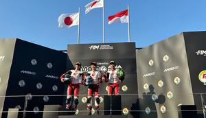 Pembalap muda Indonesia, Bintang Pranata Sukma, meraih podium ketiga dalam balapan pertama Moto4 Asia Cup 2026 di Buriram, Thailand, Sabtu (28/2/2026). (dok. AHM)