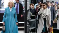 Ratu Camilla dan Meghan Markel dalam kesempatan berbeda memakai tas tangan yang sama. (Dok: AFP)