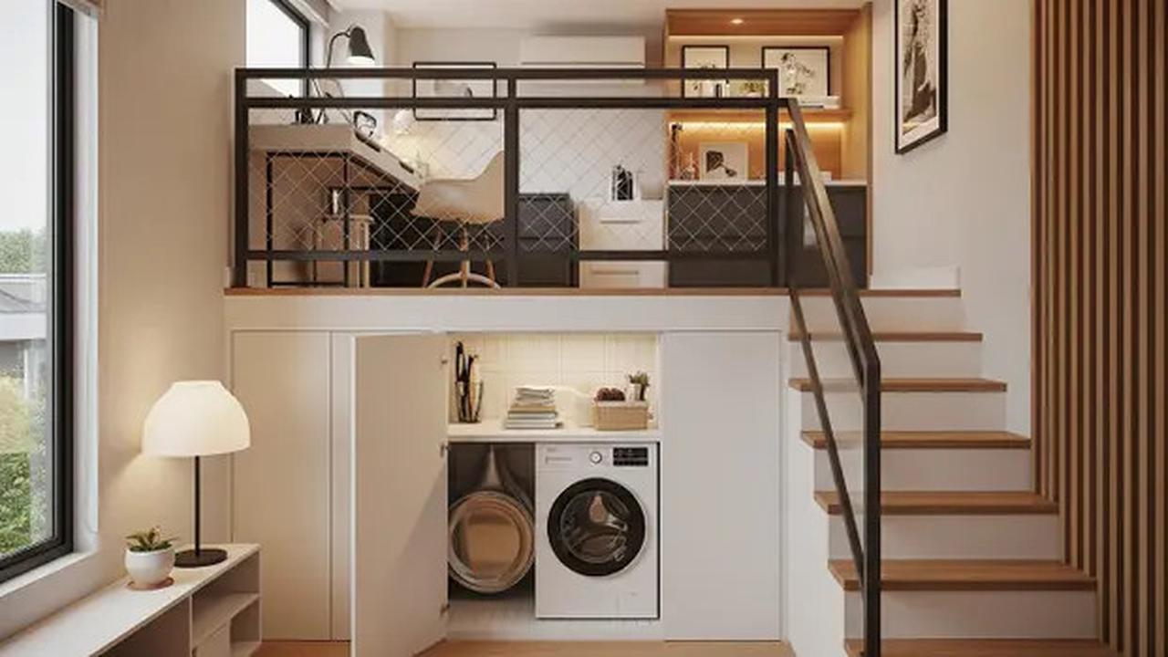 8 Inspirasi Rumah Kecil Mezzanine dengan Area Laundry Tersembunyi di Bawah Tangga