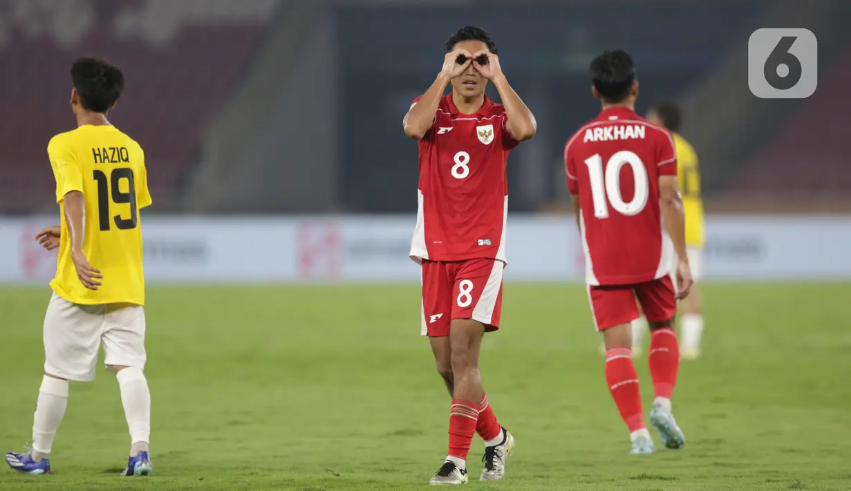 Rayhan Hannan saat merayakan golnya ke gawang Brunei Darussalam pada laga Grup A ASEAN U-23 Championship Mandiri Cup 2025 di Stadion Utama Gelora Bung Karno, Jakarta, Selasa (15/7/2025). (Liputan6.com/Helmi Fithriansyah)
