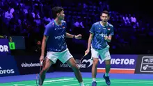 Ganda putra Indonesia Fajar Alfian/Muhammad Shohibul Fikri lolos ke final Denmark Open 2025 usai menggebuk pasangan China Liang Wei Keng/Wang Chang pada laga semifinal di Jyske Bank Arena, Sabtu (18/10).&nbsp;(foto: PBSI)